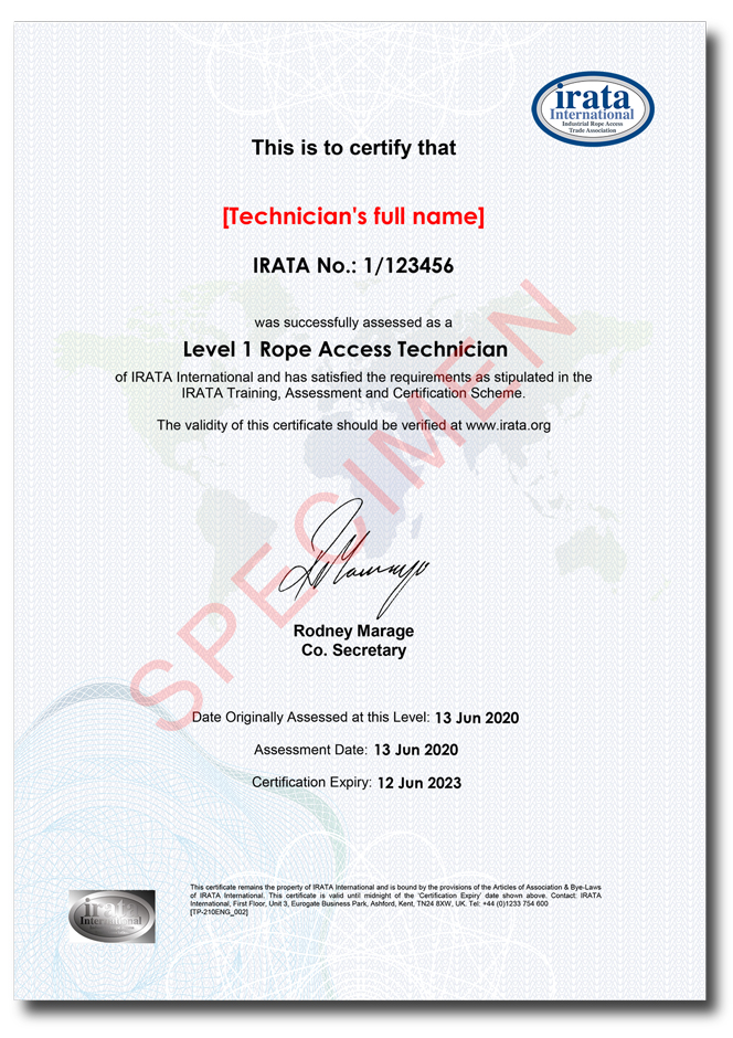 Sample IRATA certificate. Note the foil hologram on the lower left hand side.