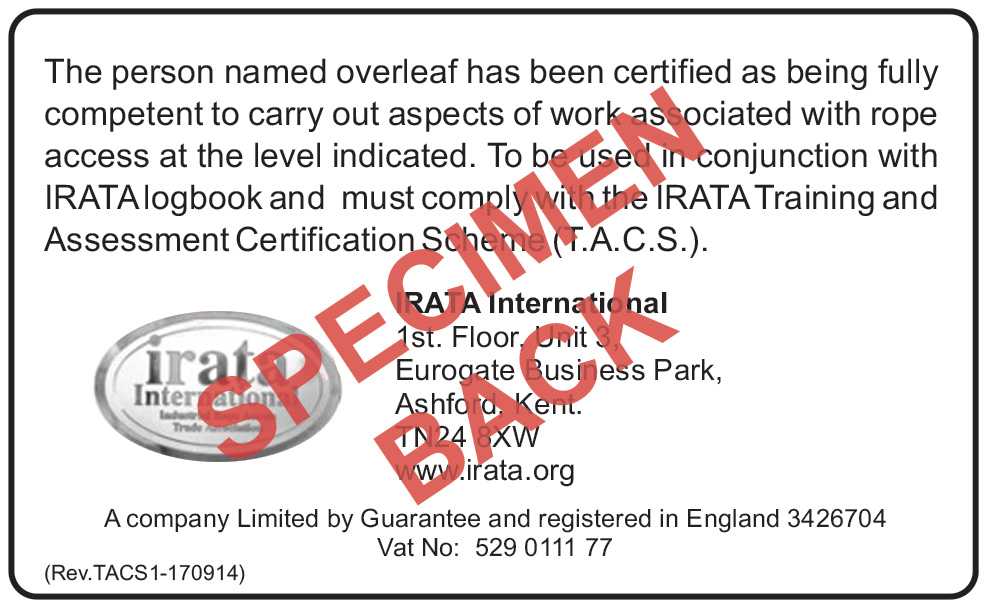 Sample IRATA card - Back view